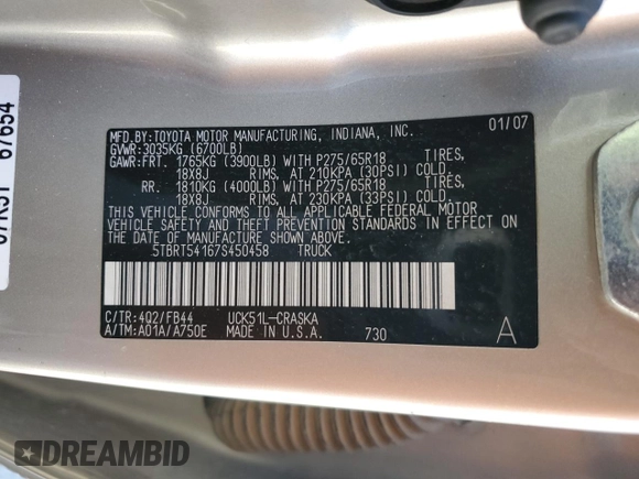 2007 Toyota Tundra SR5 with VIN 5TBRT54167S450458, listed as a Copart auction lot 52242335 with 179,283 mi miles and Salvage title. Bid and sale history available at DreamBid. Image 14.