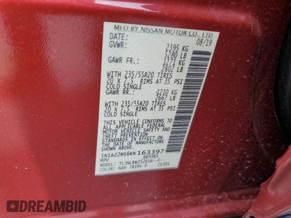 2019 Nissan Murano SL with VIN 5N1AZ2MS6KN163397, listed as a Copart auction lot 53791905 with 128,987 mi miles and Salvage Title. Bid and sale history available at carsss.com. Image 13.