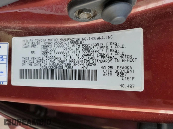 2004 Toyota Sienna XLE with VIN 5TDBA22C94S017858, listed as a Copart auction lot 49989745 with 224,739 mi miles and Clean Title. Bid and sale history available at carsss.com. Image 13.