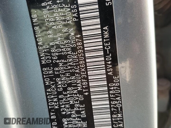 2011 Toyota Camry LE z VIN 4T1BF3EK6BU593874, wystawiony jako Copart lot #51959955 z przebiegiem 247 911 mil mil oraz Szkoda całkowita • Salvage title. Historia ofert i sprzedaży dostępna na DreamBid. Obrazek 12.