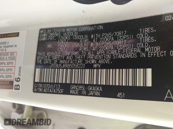 2011 Toyota 4Runner Trail z VIN JTEBU5JRXB5058223, wystawiony jako IAAI lot #42277953 z przebiegiem 269 868 mil mil oraz . Historia ofert i sprzedaży dostępna na DreamBid. Obrazek 9.