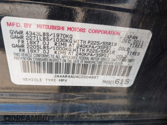 2012 Mitsubishi Outlander Sport SE with VIN JA4AR4AU4CZ004887, listed as a IAAI auction lot 41891518 with 1 mi miles. Bid and sale history available at carsss.com. Image 9.