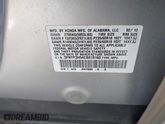 2012 Honda Pilot EX-L with VIN 5FNYF3H54CB019160, listed as a IAAI auction lot 42481437 with 142,911 mi miles and . Bid and sale history available at DreamBid. Image 9.