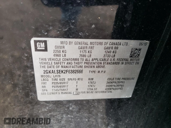 2015 GMC Terrain SLT with VIN 2GKALSEK2F6382666, listed as a Copart auction lot 61330095 with 85,553 mi miles and Salvage title. Bid and sale history available at DreamBid. Image 14.