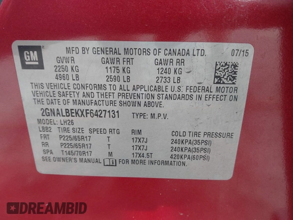 2015 Chevrolet Equinox LT with VIN 2GNALBEKXF6427131, listed as a IAAI auction lot 41779141 with 123,435 mi miles. Bid and sale history available at carsss.com. Image 9.
