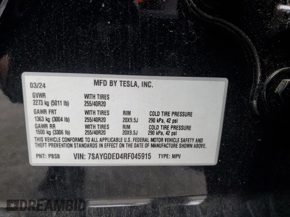 2024 Tesla Model Y с VIN 7SAYGDED4RF045915, выставлен на аукционе Copart как лот 55170415 с пробегом 13 234 миль миль и Списание • Salvage title. История ставок и продаж доступна на DreamBid. Изображение 12.