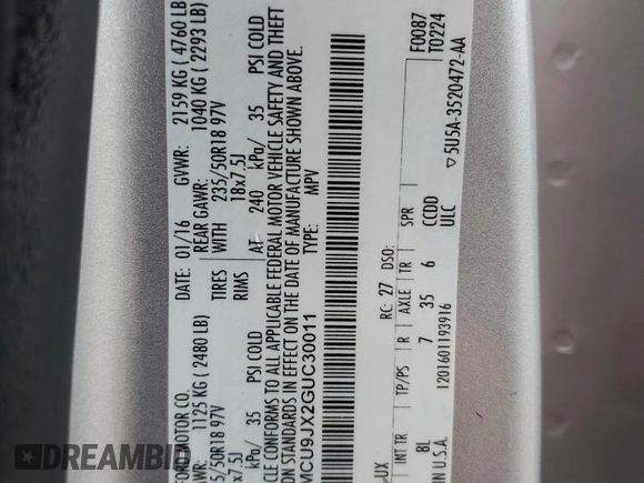 2016 Ford Escape Titanium with VIN 1FMCU9JX2GUC30011, listed as a Copart auction lot 60843315 with 175,549 mi miles and Clean title. Bid and sale history available at DreamBid. Image 14.