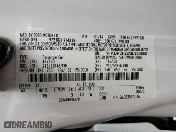 2016 Ford Focus SE z VIN 1FADP3F22GL260860, wystawiony jako Copart lot #61085065 z przebiegiem 136 160 mil mil oraz Szkoda całkowita • Salvage title. Historia ofert i sprzedaży dostępna na DreamBid. Obrazek 13.