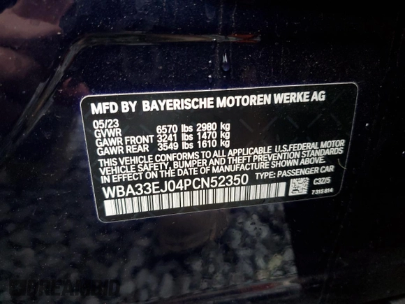 2023 BMW 7 Series 760i xDrive with VIN WBA33EJ04PCN52350, listed as a Copart auction lot 44487295 with 10,878 mi miles and Salvage title. Bid and sale history available at DreamBid. Image 12.