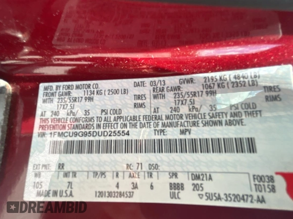 2013 Ford Escape SE with VIN 1FMCU9G95DUD25554, listed as a Copart auction lot 60899985 with Not provided miles and Clean title. Bid and sale history available at DreamBid. Image 10.