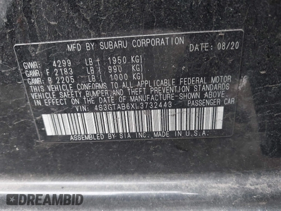 2020 Subaru Impreza with VIN 4S3GTAB6XL3732443, listed as a IAAI auction lot 42043792 with 46,917 mi miles and . Bid and sale history available at DreamBid. Image 9.