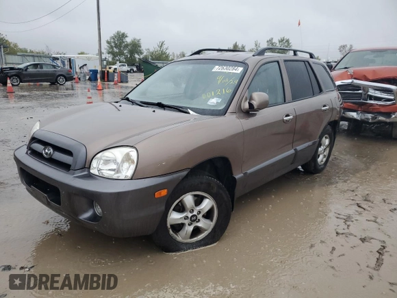 2005 Hyundai Santa Fe GLS with VIN KM8SC73EX5U001216, listed as a Copart auction lot 72630284 with 0 mi miles and Salvage Title. Bid and sale history available at carsss.com. Image 1.