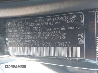 2002 BMW 3 Series 325i с VIN WBAEV33492KL69077, выставлен на аукционе IAAI как лот 42472256 с пробегом 109 788 миль миль и . История ставок и продаж доступна на DreamBid. Изображение 9.