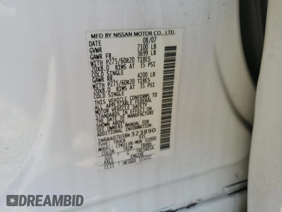 2008 Nissan Titan SE with VIN 1N6BA07D38N323890, listed as a Copart auction lot 43564945 with 191,321 mi miles and Salvage Title. Bid and sale history available at carsss.com. Image 12.