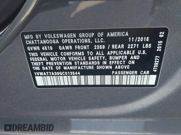 2016 Volkswagen Passat S with VIN 1VWAT7A30GC013544, listed as a IAAI auction lot 42643834 with 163,000 mi miles and . Bid and sale history available at DreamBid. Image 9.