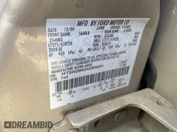 2010 Ford F-250 XL with VIN 1FTSW2BR2AEB06291, listed as a Copart auction lot 60170705 with 158,371 mi miles and Clean title. Bid and sale history available at DreamBid. Image 10.