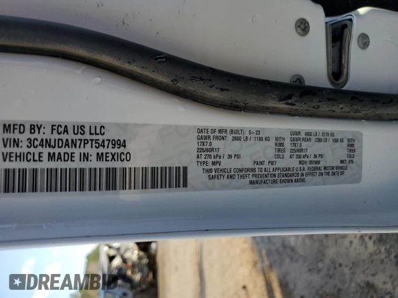 2023 Jeep Compass Sport with VIN 3C4NJDAN7PT547994, listed as a Copart auction lot 44040825 with 35,148 mi miles and Salvage title. Bid and sale history available at DreamBid. Image 14.