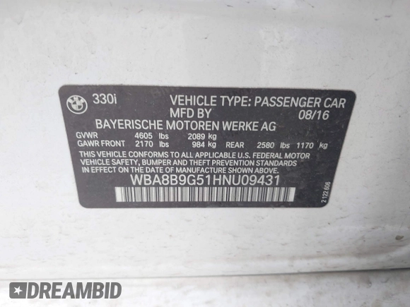 2017 BMW 3 Series 330i with VIN WBA8B9G51HNU09431, listed as a IAAI auction lot 41869627 with 87,719 mi miles. Bid and sale history available at carsss.com. Image 9.