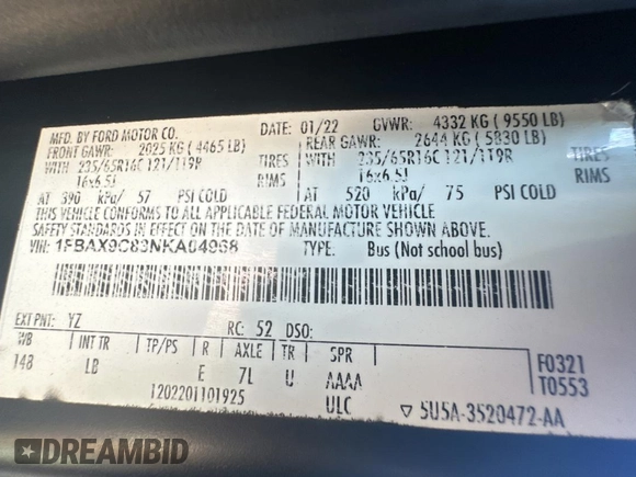 2022 Ford Transit Passenger XL with VIN 1FBAX9C83NKA04968, listed as a Copart auction lot 47838735 with 18,634 mi miles and Clean Title. Bid and sale history available at DreamBid. Image 10.