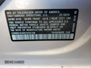 2013 Volkswagen Passat SE with VIN 1VWBH7A3XDC004156, listed as a Copart auction lot 45400585 with 57,533 mi miles and Clean Title. Bid and sale history available at carsss.com. Image 12.