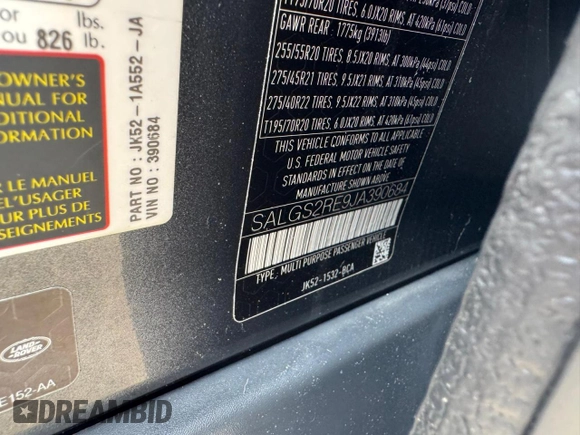 2018 Land Rover Range Rover with VIN SALGS2RE9JA390684, listed as a Copart auction lot 57118715 with 39,474 mi miles and Clean title. Bid and sale history available at DreamBid. Image 10.