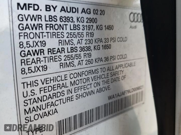 2020 Audi Q7 Premium with VIN WA1AJAF79LD006821, listed as a Copart auction lot 58021623 with 0 mi miles. Bid and sale history available at carsss.com. Image 16.