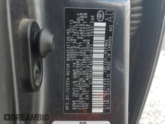 2013 Toyota Corolla L with VIN 2T1BU4EE4DC041641, listed as a Copart auction lot 49964055 with 182,145 mi miles and Salvage Title. Bid and sale history available at DreamBid. Image 12.