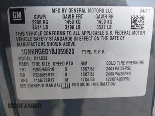 2011 Chevrolet Traverse 1LT z VIN 1GNKRGED1BJ359820, wystawiony jako IAAI lot #42095000 z przebiegiem 80 117 mil mil oraz . Historia ofert i sprzedaży dostępna na DreamBid. Obrazek 9.