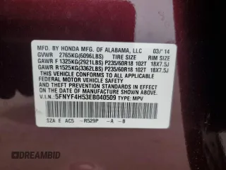 2014 Honda Pilot EX-L with VIN 5FNYF4H53EB040509, listed as a Copart auction lot 73123044 with 91,395 mi miles and Non Repairable. Bid and sale history available at DreamBid. Image 15.