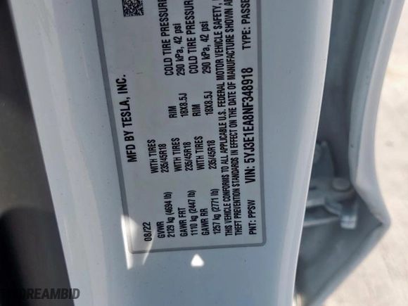 2022 Tesla Model 3 with VIN 5YJ3E1EA8NF348918, listed as a Copart auction lot 50632805 with NaN miles and Salvage Title. Bid and sale history available at carsss.com. Image 12.