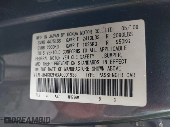 2010 Acura TSX with VIN JH4CU2F6XAC001938, listed as a IAAI auction lot 42647876 with 180,634 mi miles and . Bid and sale history available at DreamBid. Image 9.