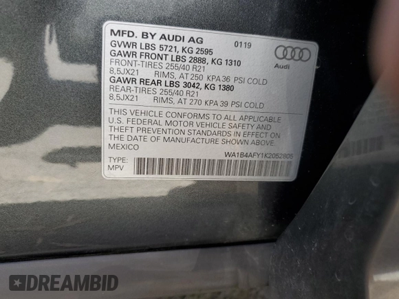 2019 Audi SQ5 Premium Plus with VIN WA1B4AFY1K2052805, listed as a Copart auction lot 64564034 with 47,254 mi miles and Salvage Title. Bid and sale history available at DreamBid. Image 13.