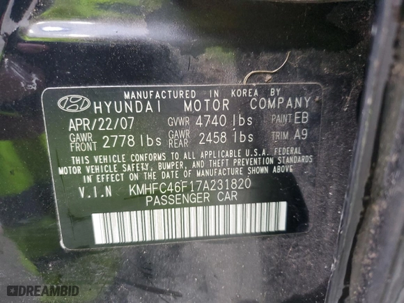 2007 Hyundai Azera SE with VIN KMHFC46F17A231820, listed as a Copart auction lot 46066755 with 56,813 mi miles and Salvage Title. Bid and sale history available at carsss.com. Image 12.