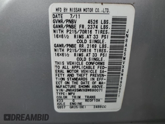 2011 Nissan Rogue S z VIN JN8AS5MVXBW690071, wystawiony jako Copart lot #56994315 z przebiegiem 117 661 mil mil oraz Szkoda całkowita • Salvage title. Historia ofert i sprzedaży dostępna na DreamBid. Obrazek 13.
