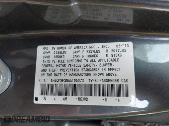 2010 Honda Accord LX с VIN 1HGCP2F39AA105073, выставлен на аукционе IAAI как лот 42123519 с пробегом 114 230 миль миль и . История ставок и продаж доступна на DreamBid. Изображение 9.