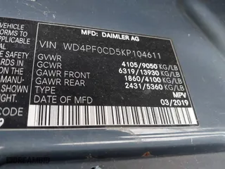 2019 Mercedes-Benz Sprinter Cargo Van with VIN WD4PF0CD5KP104611, listed as a IAAI auction lot 41256118 with 75,514 mi miles. Bid and sale history available at carsss.com. Image 9.