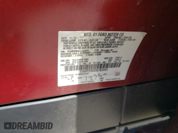 2013 Ford Taurus Limited with VIN 1FAHP2F84DG183445, listed as a Copart auction lot 59721155 with 115,832 mi miles and Salvage title. Bid and sale history available at DreamBid. Image 13.