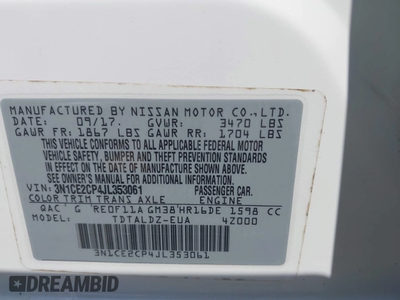 2018 Nissan Note SV with VIN 3N1CE2CP4JL353061, listed as a IAAI auction lot 42572846 with 27,336 mi miles and . Bid and sale history available at DreamBid. Image 9.