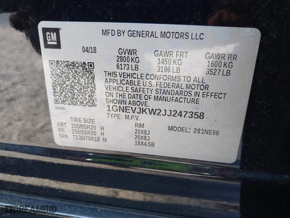 2018 Chevrolet Traverse Premier with VIN 1GNEVJKW2JJ247358, listed as a IAAI auction lot 41957576 with 84,689 mi miles. Bid and sale history available at carsss.com. Image 9.