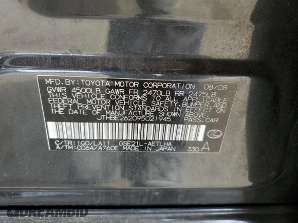 2009 Lexus IS 350 with VIN JTHBE262095021945, listed as a Copart auction lot 59003505 with 124,183 mi miles and Salvage title. Bid and sale history available at DreamBid. Image 12.