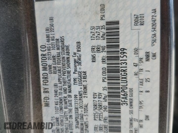 2016 Ford Fusion SE Hybrid with VIN 3FA6P0LUXGR131599, listed as a Copart auction lot 54498685 with 160,379 mi miles and Salvage title. Bid and sale history available at DreamBid. Image 13.