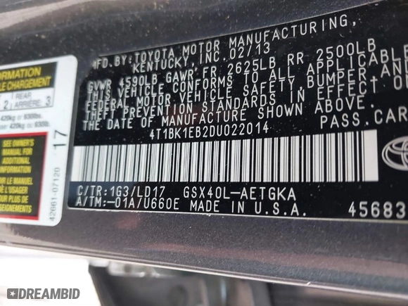 2013 Toyota Avalon XLE with VIN 4T1BK1EB2DU022014, listed as a IAAI auction lot 41558058 with 205,487 mi miles. Bid and sale history available at carsss.com. Image 9.