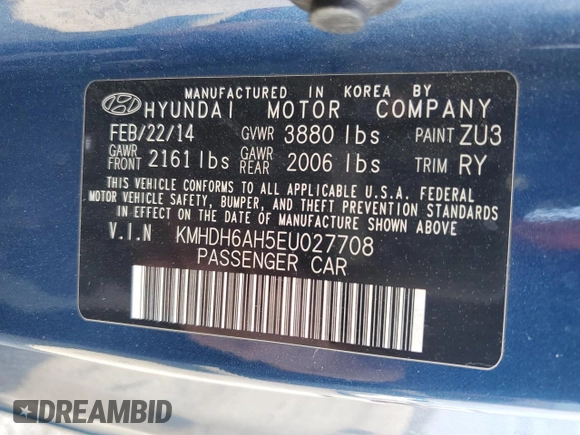 2014 Hyundai Elantra z VIN KMHDH6AH5EU027708, wystawiony jako Copart lot #49994285 z przebiegiem 213 201 mil mil oraz Tytuł czysty. Historia ofert i sprzedaży dostępna na DreamBid. Obrazek 12.