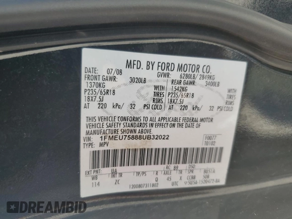 2008 Ford Explorer Limited с VIN 1FMEU75888UB32022, выставлен на аукционе Copart как лот 55986935 с пробегом 168 631 миль миль и Списание • Salvage title. История ставок и продаж доступна на DreamBid. Изображение 13.