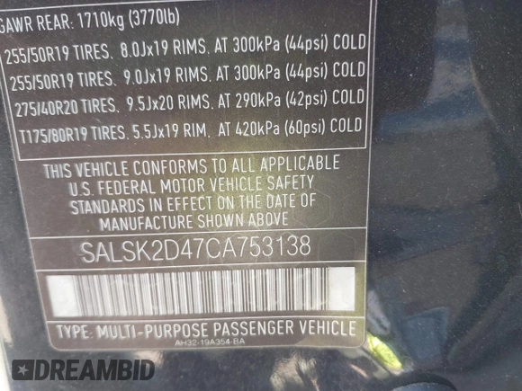2012 Land Rover Range Rover Sport HSE Lux with VIN SALSK2D47CA753138, listed as a IAAI auction lot 41622749 with 142,021 mi miles and . Bid and sale history available at DreamBid. Image 9.
