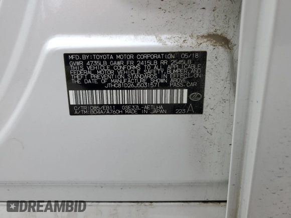 2018 Lexus IS 300 with VIN JTHC81D26J5031571, listed as a Copart auction lot 63292345 with 26,726 mi miles and Salvage title. Bid and sale history available at DreamBid. Image 13.