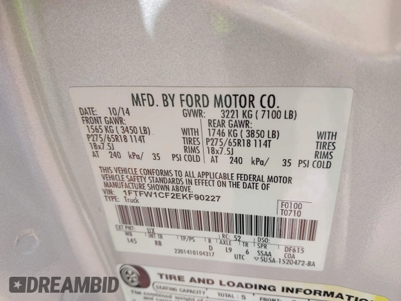 2014 Ford F-150 XL with VIN 1FTFW1CF2EKF90227, listed as a IAAI auction lot 41762047 with 106,927 mi miles. Bid and sale history available at carsss.com. Image 9.