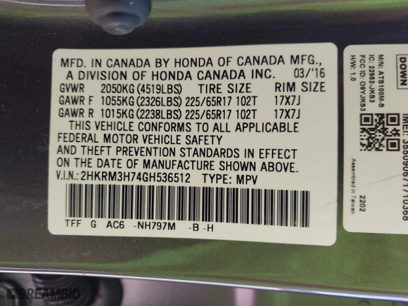 2016 Honda CR-V EX-L with VIN 2HKRM3H74GH536512, listed as a IAAI auction lot 40855923 with 98,559 mi miles. Bid and sale history available at carsss.com. Image 9.
