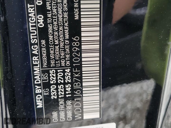 2019 Mercedes-Benz E-Class E 450 with VIN WDD1J6JB7KF102986, listed as a Copart auction lot 57220704 with 66,159 mi miles and Salvage Title. Bid and sale history available at carsss.com. Image 12.