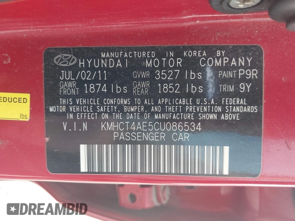 2012 Hyundai Accent GLS with VIN KMHCT4AE5CU086534, listed as a IAAI auction lot 42738817 with 138,653 mi miles and . Bid and sale history available at DreamBid. Image 9.